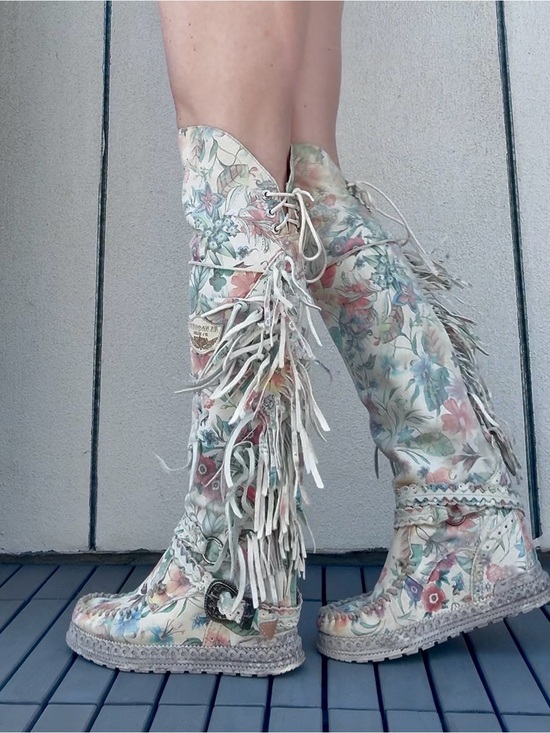 El Vaquero Shoes - Floral Fringe Over the Knee Wedge Boots - White with Hand Painted Floral Design